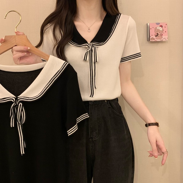 トップス レディース ニットソー ニット カットソー Tシャツ リボン セーラーカラー 襟付き 半袖 バイカラー きれいめ かわいい 大人可愛い カジュアル フェミニン 清楚 ラフ ガーリー キュート オフィス OL 通勤 通学 学生 ビジネス お呼ばれ きちんと感 クール かっこいい 休日 普段使い 着回し ファッション コーデ 10代 20代 30代 春 夏 秋 学校 プチプラ 送料無料 海外 楽ちん ブラック ホワイト