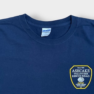 【GILDAN】ボランティア救助隊 XL ビッグサイズ ワンポイント ロゴ Tシャツ バックプリント ネイビー ashcake volunteer rescue squad 半袖 us古着