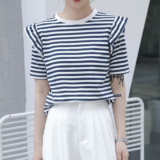 トップス レディース Tシャツ カットソー シャツ ブラウス 半袖 クルーネック フリル かわいい 大人可愛い きれいめ シンプル カジュアル 上品 清楚 フェミニン おしゃれ お洒落 おとな ナチュラル こなれ感 ラブリー キュート ガーリー レトロ ロマンチック 抜け感 主役級 存在感 ボーダー 通勤 学生 通学 デート お出かけ 女子会 M L XL 夏 20代 30代 40代 50代 韓国 韓国系 着回し 普段使い 体型カバー スタイル モテ トレンド 流行 送料無料