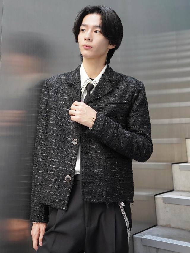 【ALUDE SELECT】 cut off tailored lame short tweed jacket