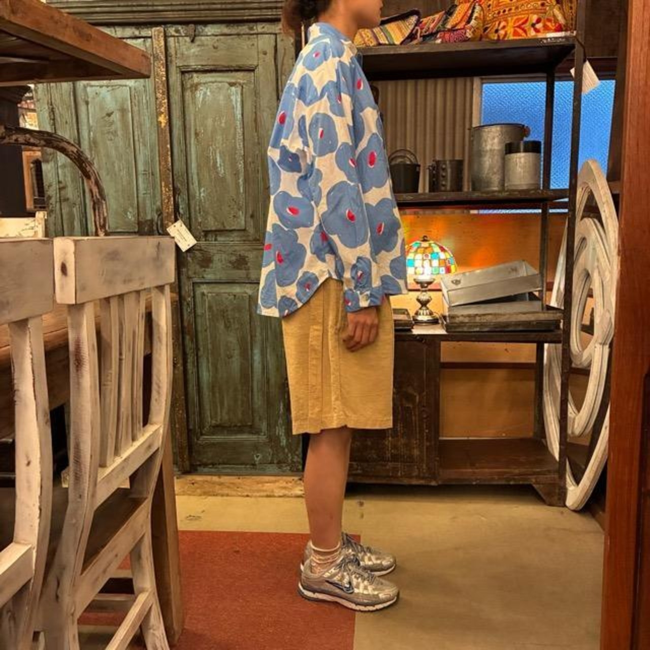 TOPANGA Lady's Nordic Flower Loose Fit Shirt　ノルディックフラワールーズフィットシャツ　ホワイト×ブルー　長袖　丸襟　ブラウス　花柄　