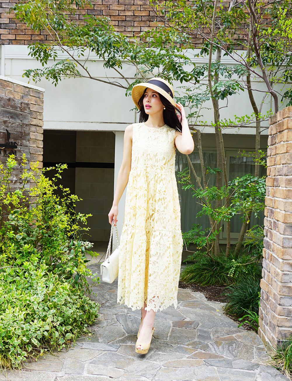 Revival】フラワーレースティアードワンピース yellow | amin pur