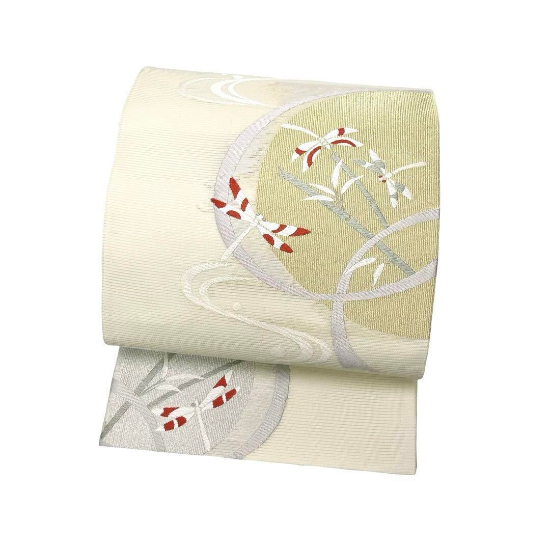 夏帯 袋帯 絽 竹にとまる蜻蛉 乳白色 O-3939 