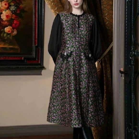 スーパービューティー ワンピース 花柄ジャガード織 袖切替 2426014 ブラック/ピンク グリーン 2024/2025年秋冬 オーラボー 大人かわいい服 大人スタイル キレイメ Super Beauty レディース アパレル 女性 M L LL 30代 40代 50代 60代