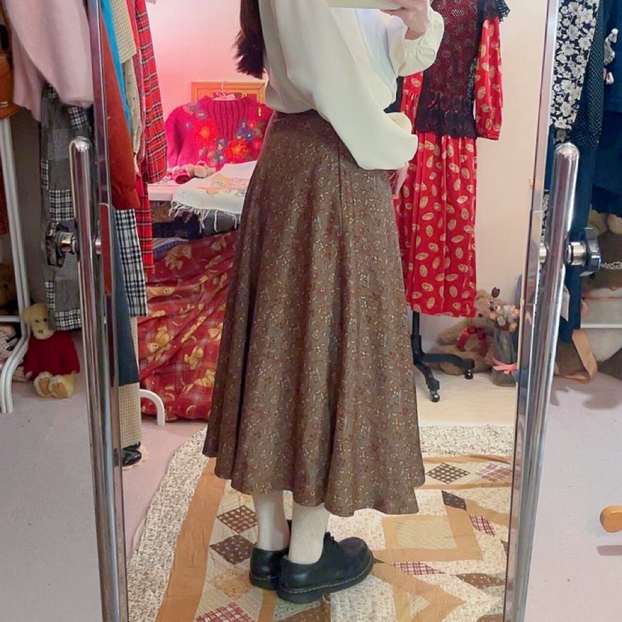 brown flower leaf flare skirt