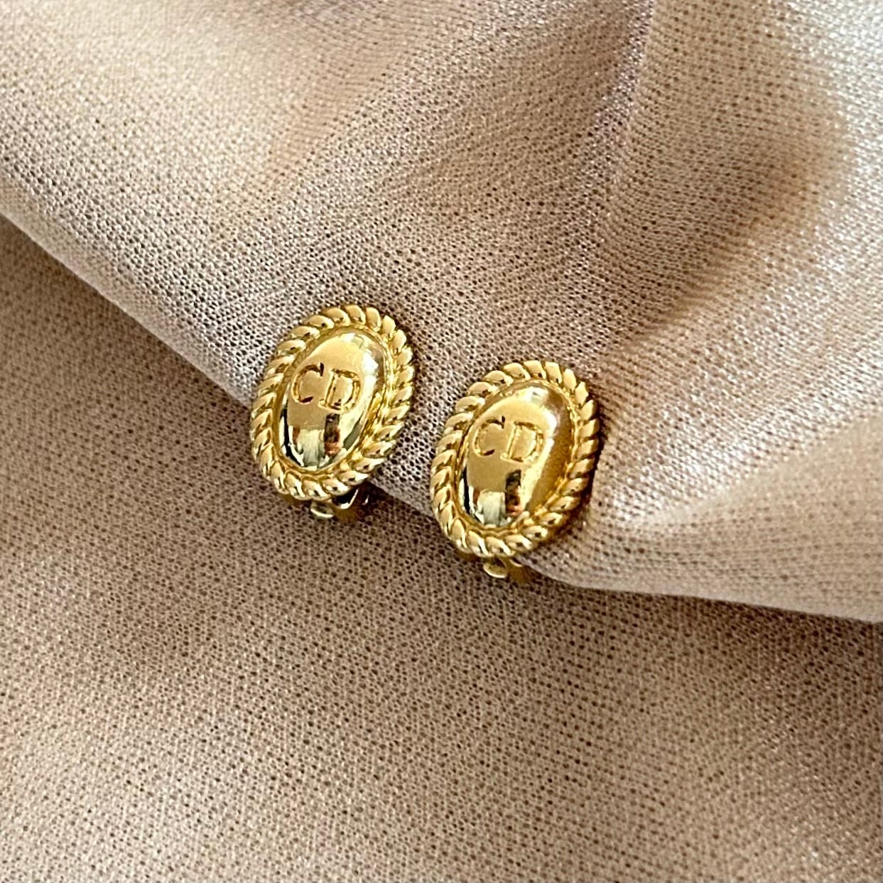 E6126】Christian Dior mini logo oval earrings/クリスチャン