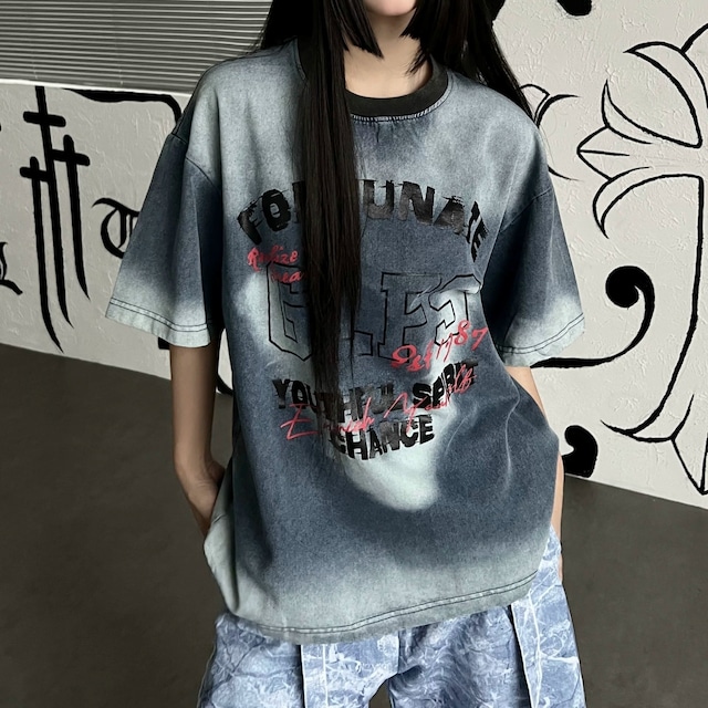 グラデーションウォッシュレタープリントデニムTシャツ 1col R02535