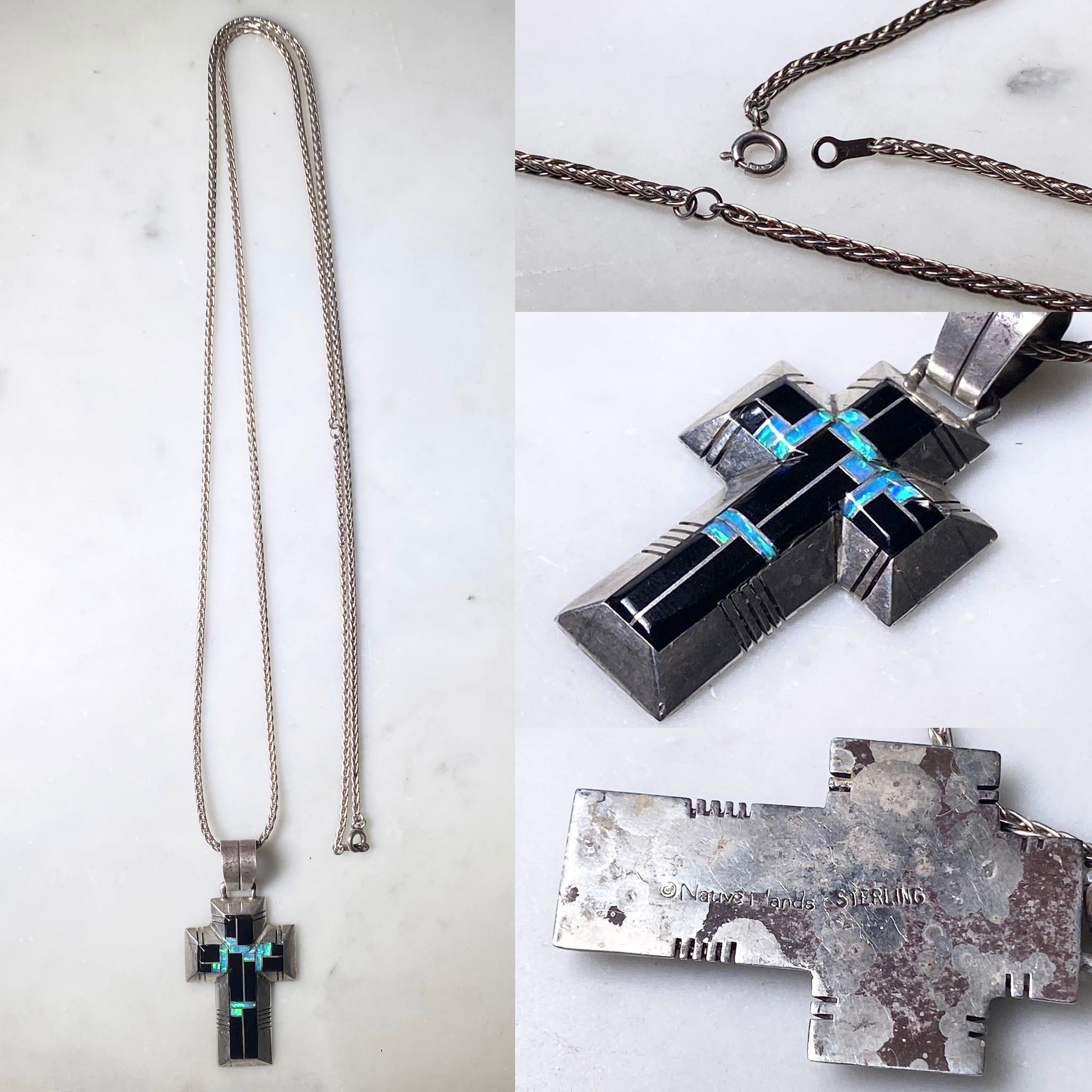 NATIVE HANDS silver cross pendant necklace onyx & opal inlay