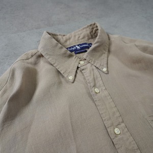 90s Ralph Lauren 100%LINEN BD shirt Sand XL 古着