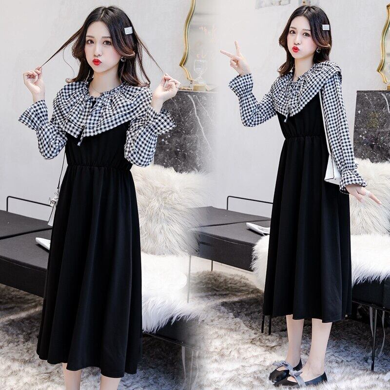 【新作】【送料無料】 妊婦秋ツーピースドレススーツチェック柄ピーターパンカラーロングフレアスリーブシャツ+コットンドレスマテリンティツインセット オータム 秋物 AL expec386235735284