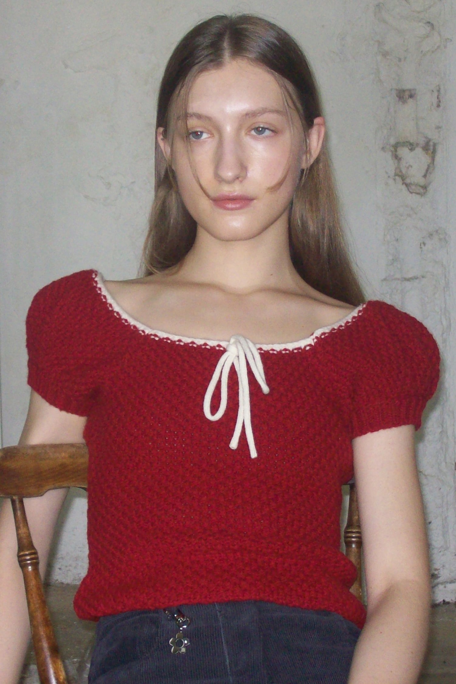 ☆LE SSERAFIM ウンチェ 着用！！【sinoon】PUFF HALF KNIT TOP (RED