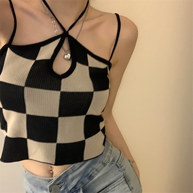 格子柄ホルターサマー薄手ショートノースリーブバックトップス 半袖 ハーフスリーブ 大人ガーリー スウィート キュート カジュアル 夏物 モンロー91334169956