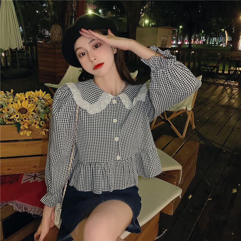 格子柄カラーシャツ スプリングオータムスタンダードトップス ロング レトロ 春物 秋物 YY-ファッション30474798683