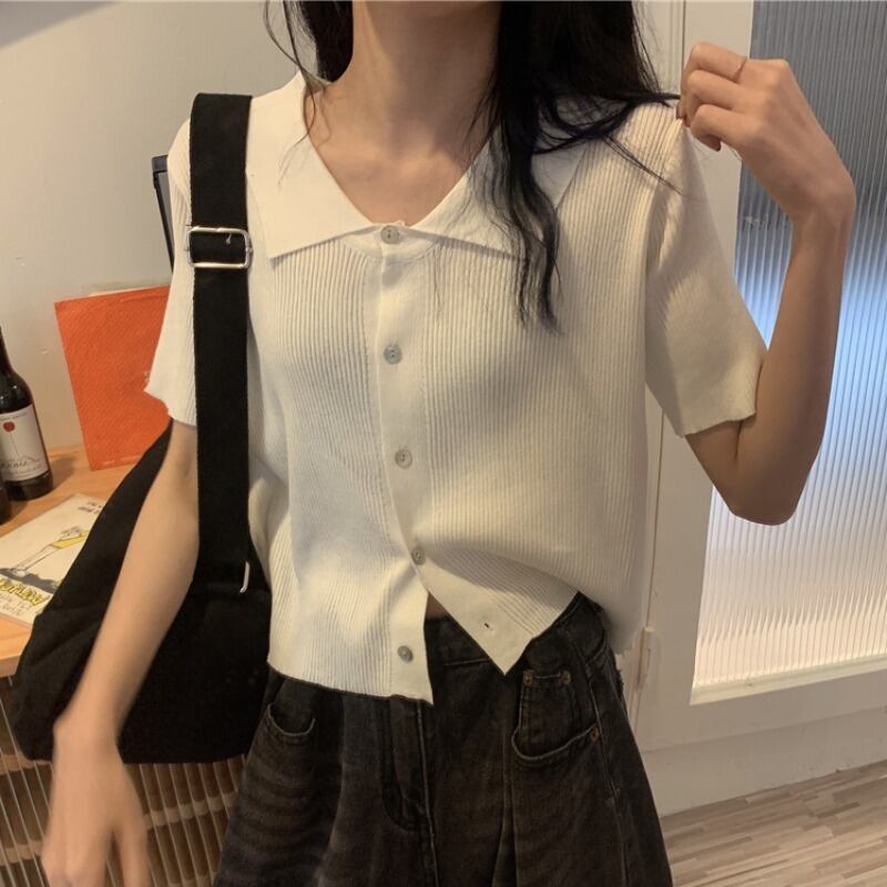 Tシャツ スプリングルーズカラーショートトップス ニット半袖スリーブ ハーフスリーブ 春物 YY-ファッション56424074480