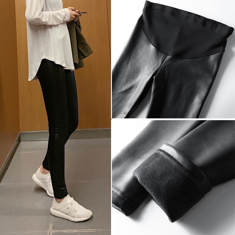 【新作】【送料無料】 6608＃Winter Thick Warm Plus Velvet Black PU Maternity Pants Cotton Belly Thermal Clothes Pregnant Women Pregnancy Trousers ブラック コットン ウィンター 冬物 AL expec419592248948