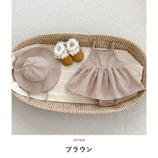 【セット】チェックキャミワンピ風ロンパース帽子セット - 2