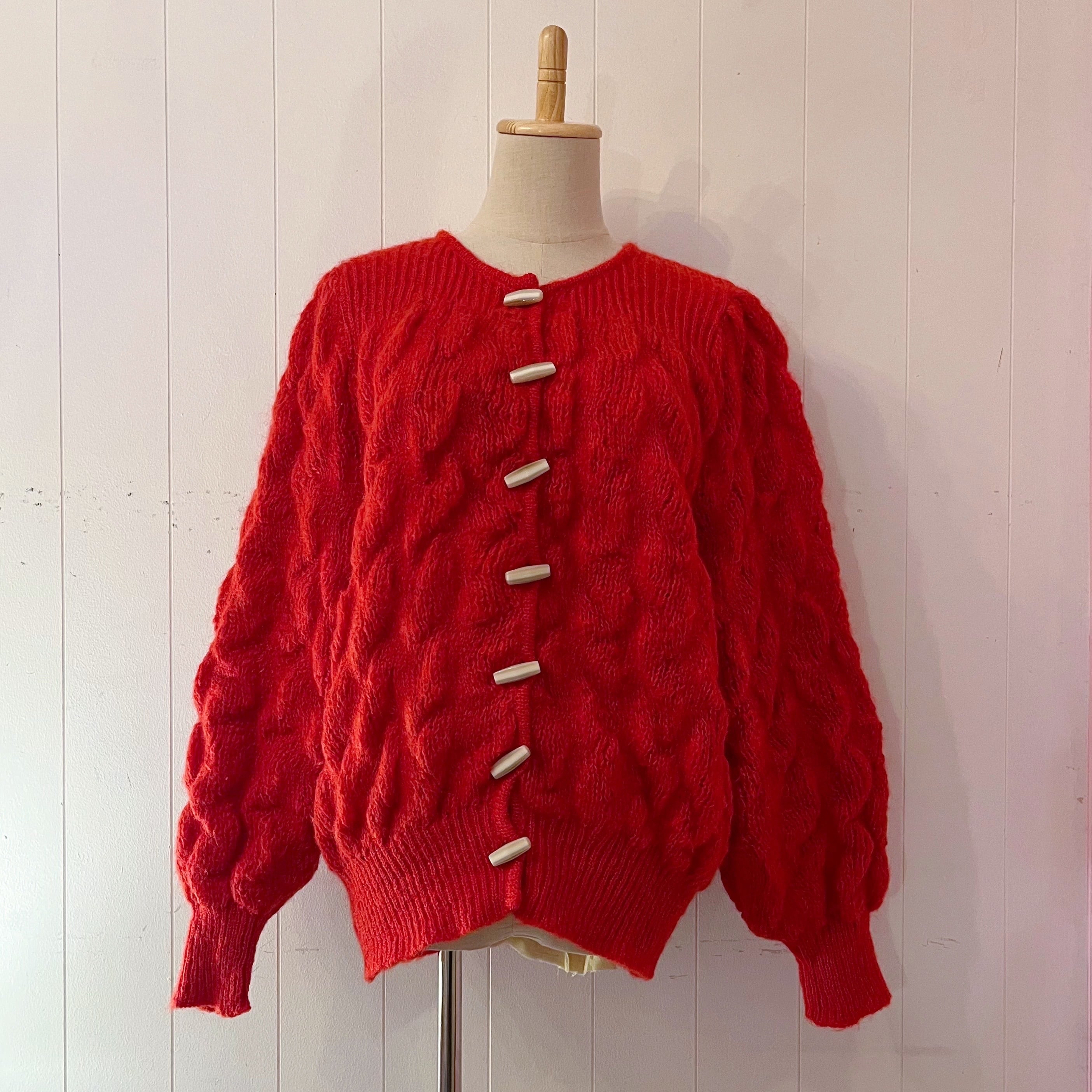 toggle button red cable knit cardigan