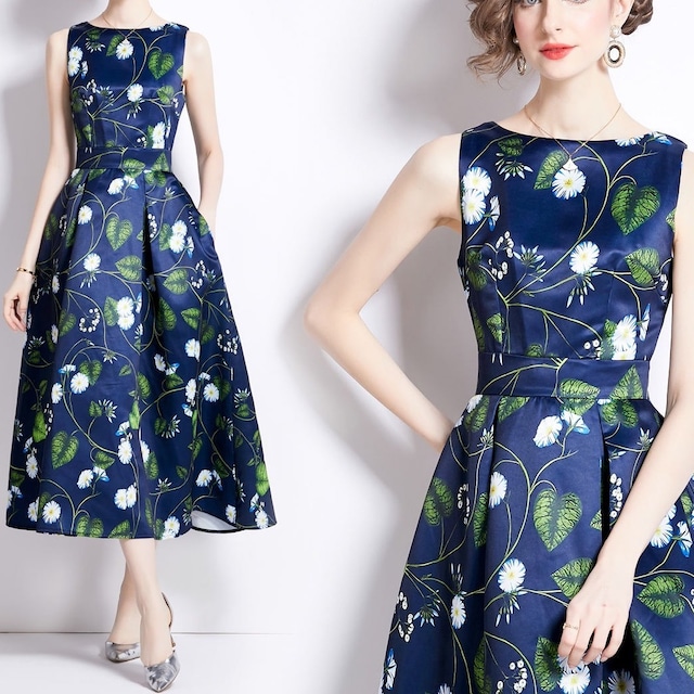 送料無料 ◇ D1896 フラワー ウエストボックスプリーツ ノースリーブ  