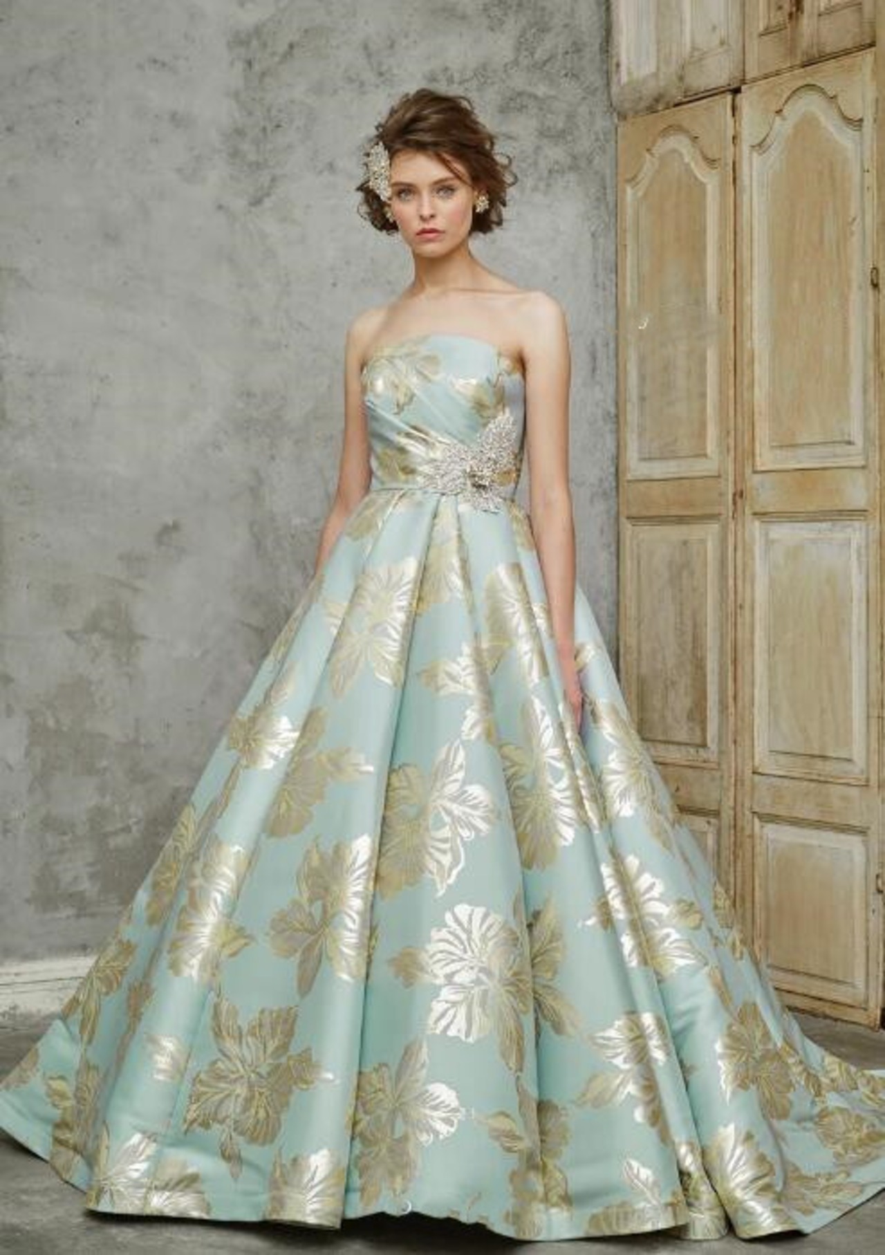 大人気上昇 パーティードレス 薄緑 ベアトップ 印花 模様を刷り込む  