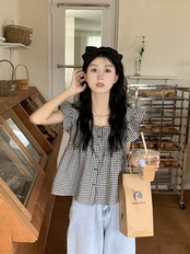 フレンチスリーブチェックブラウス D1324