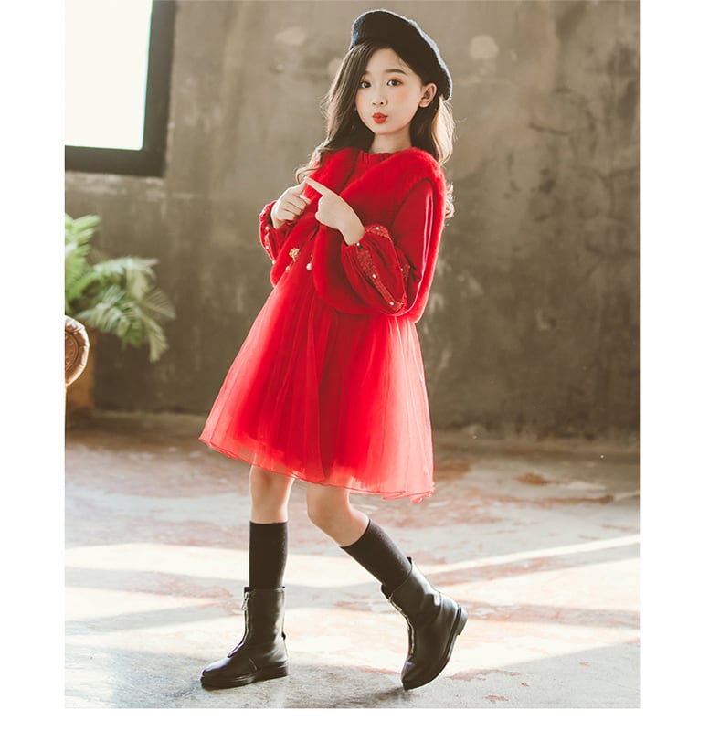 【ELEGANT】 子供ドレス 2点セット ワンピース ベスト コットン 子供服 新年 結婚式 プレゼント クリスマス 110 120 130 140  150 レッド 赤い お姫様 プリンセス 厚手 | elegant powered by BASE