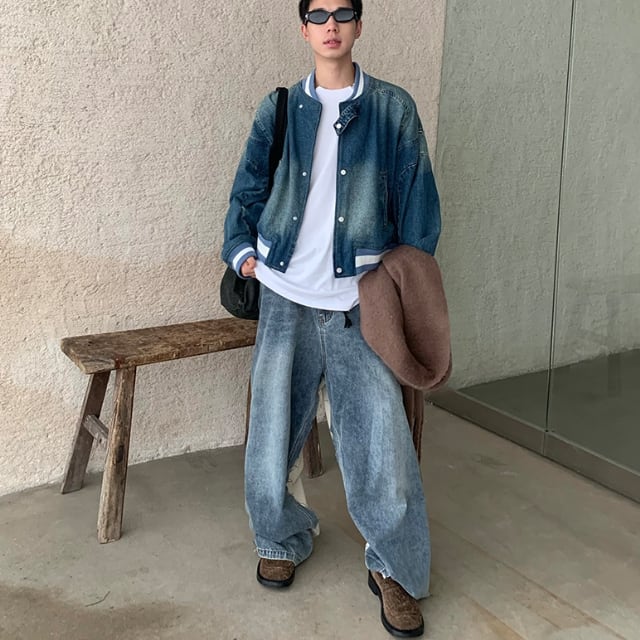 【予約販売】ブルゾン デニム MA-1 アウター アーミー ジップアップ ショート丈 無地 ブラック ブルー 防寒 ジャケット ベーシック メンズ カジュアル 男前 こなれ感 お洒落 韓国 トレンド 秋 冬 S/M/L/XL