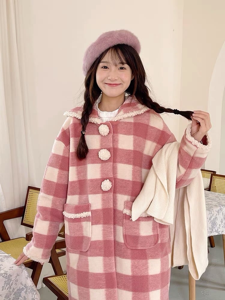 コート チェック ピンク 水玉 ドット フリース 可愛い 原宿 渋谷 JK