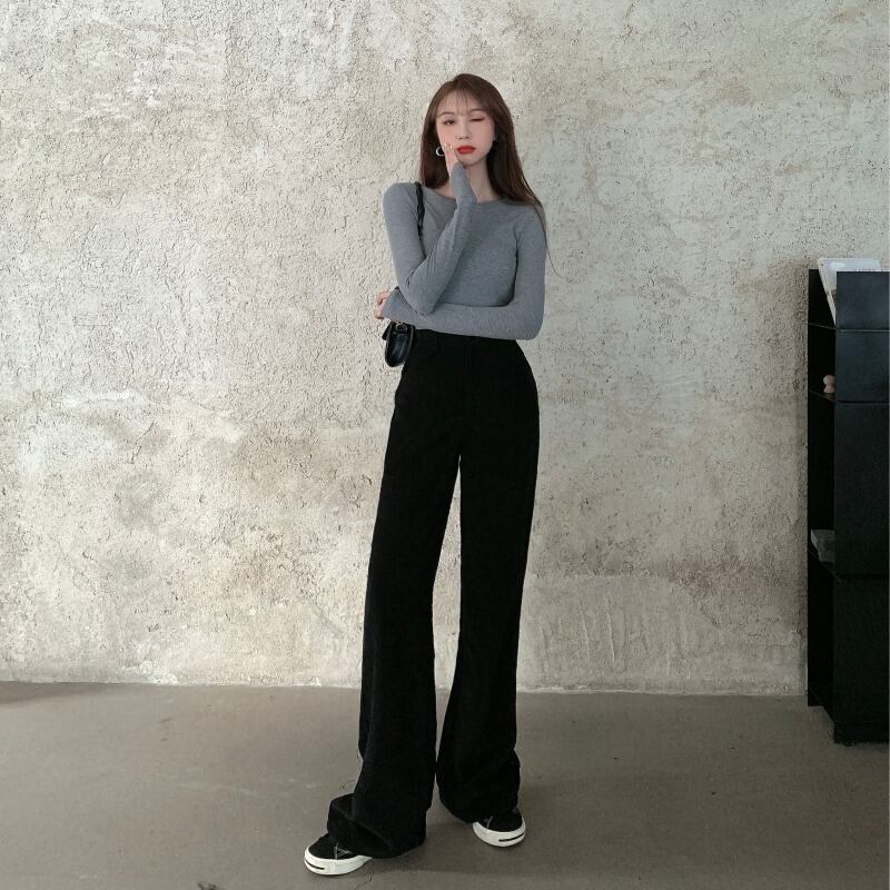 コーデュロイスプリングハイウェストスリムルーズブラックカジュアルパンツ 春物 ブラックストロベリース58446878131