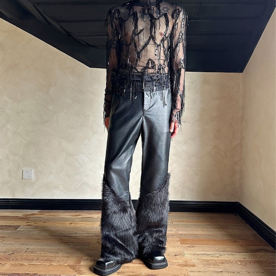 00s COMME CA DE MODE MEN レザー フレア パンツ Y2K ファースプライシング フェイクレザーフレアパンツ D11321 | 韓国