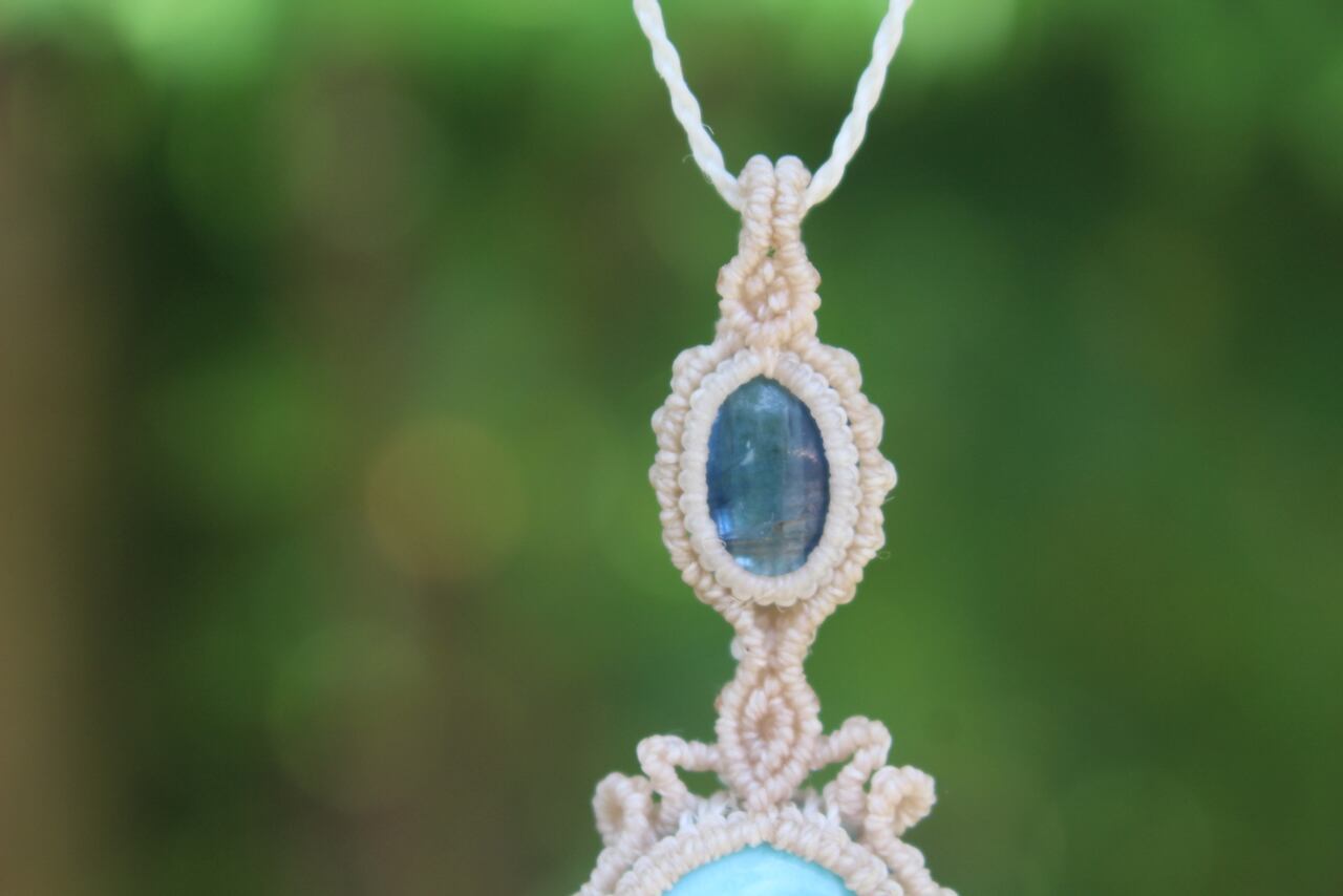 Larimar & Kyanite micro macrame pendant