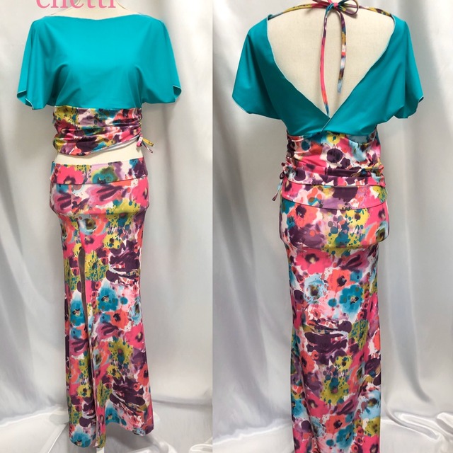 バックオープン 2way エメラルドグリーン 花柄セットアップgf 8 Chetti ベリーダンス オリエンタル レッスン 舞台