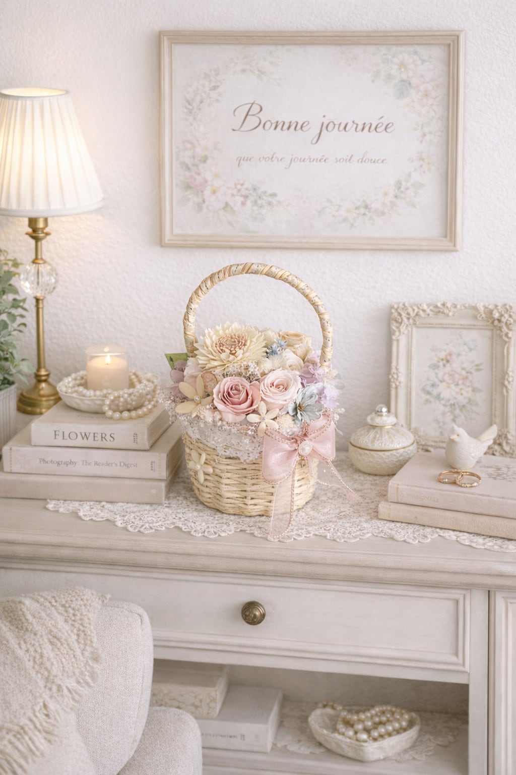 ピンクの花かごバスケット【BA-001】高さ20㎝│やさしいパステル｜インテリアフラワー｜ギフト｜母の日プレゼント