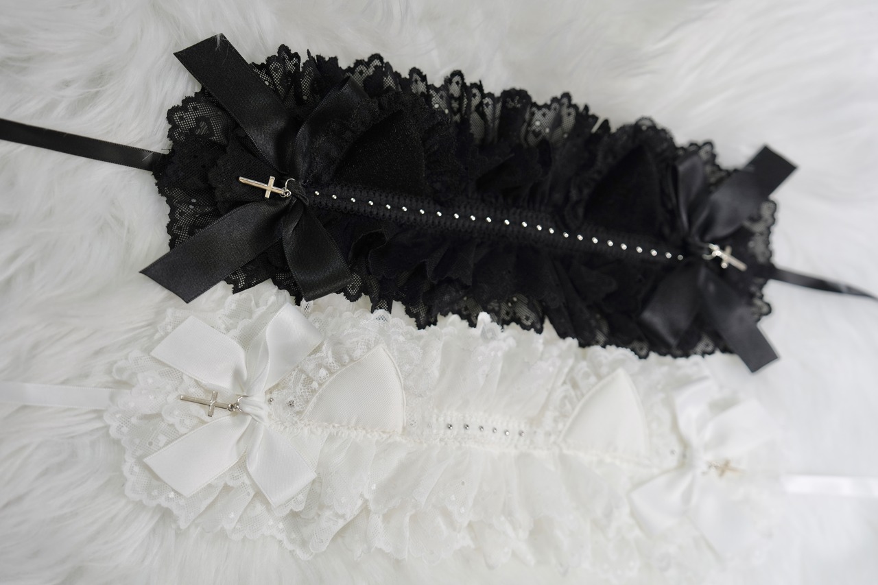 ♡【全2色】十字架ドロップ フリル猫耳スタッズヘッドドレス black ♡