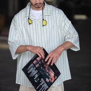 開襟ストライプ柄五分袖シャツ　0704