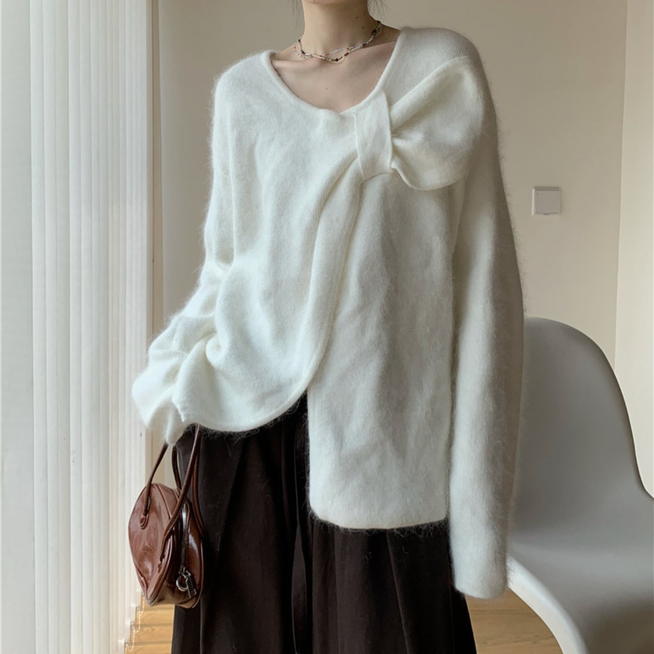 Bow Accent Mohair Knit Pullover L00606