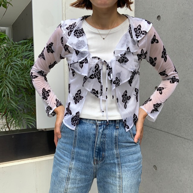 CHIFFON ROSE PATTERN SHORT BLOUSE
