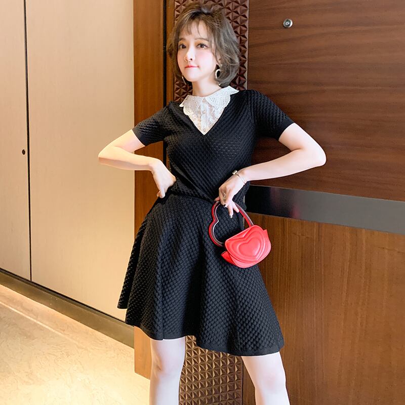 レースカラースリムトップス ハイウェストウェストAラインスカート スプリング 春物 ステッチ MIUCO90604261888