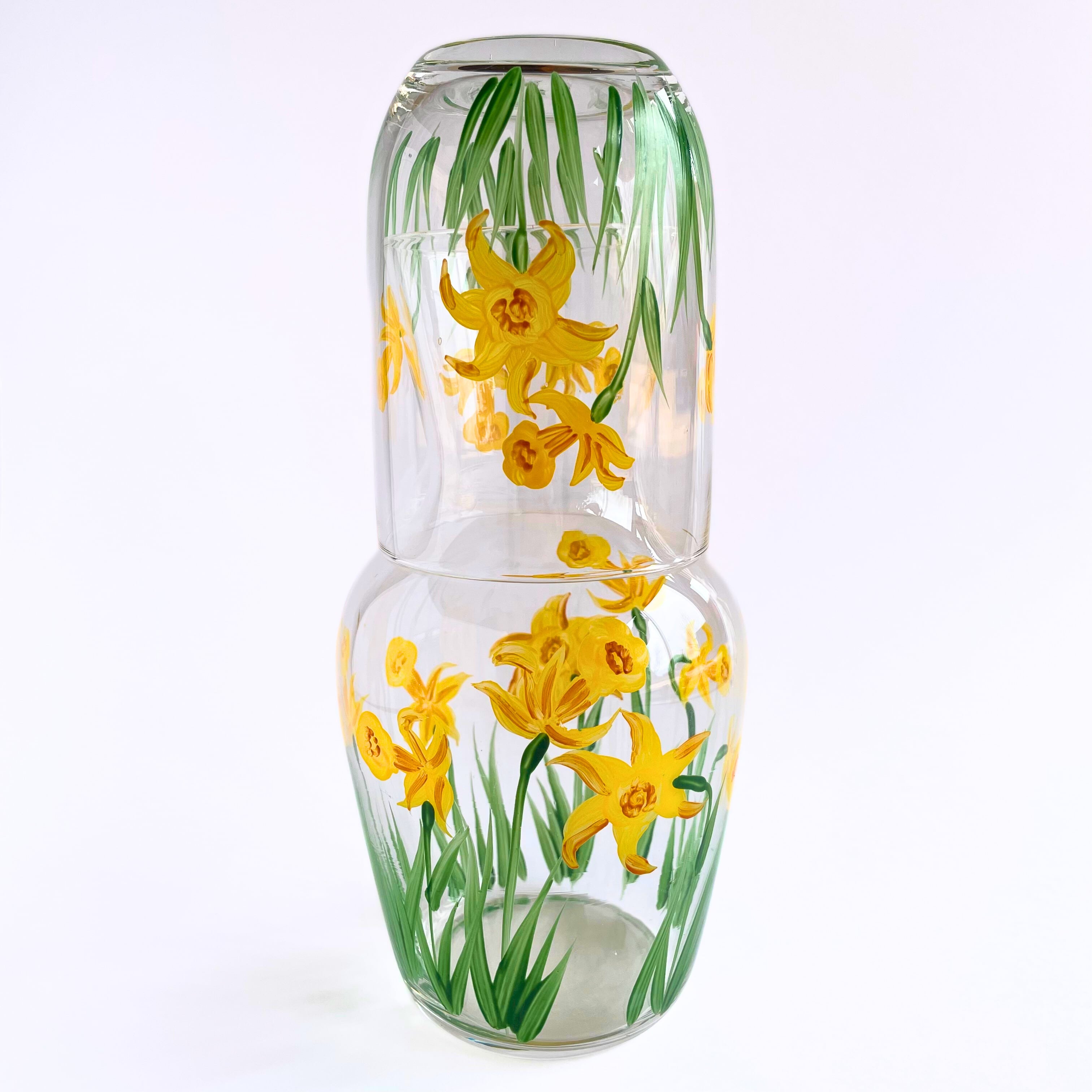 ハンドペイント ヴィンテージ 黄色い水仙のベッドサイドグラス