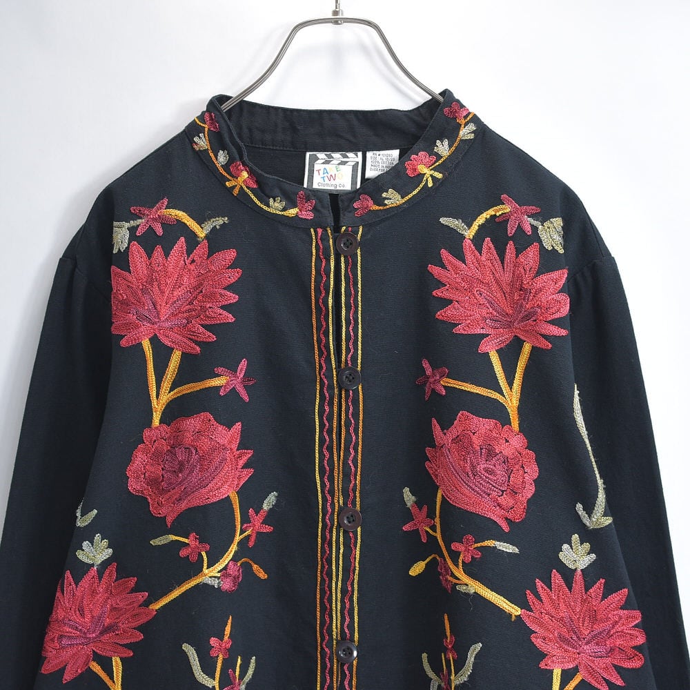 VINTAGE - 00s～ JONES NEW YORK フローラルパターン ジャガード テーラードジャケット ヴィンテージ 花柄 モノトーン ブラック ビンテージ USA アメリカ古着 レディースM相当 00s～ JONES NEW YORK フローラルパターン ジャガード テーラード