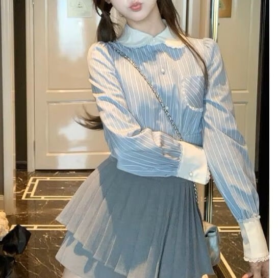 ストライプクロップドフリルシャツ