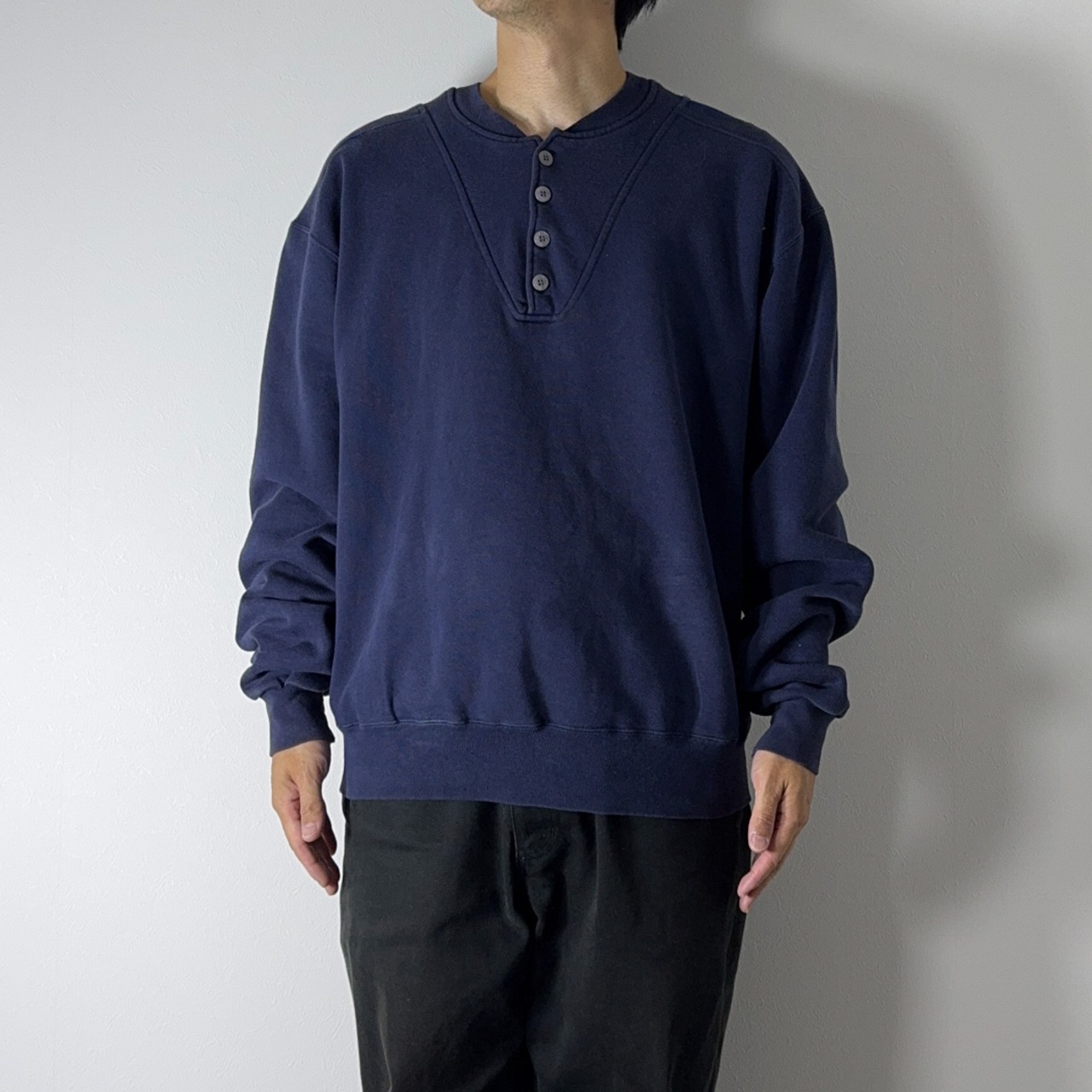 90s L.L.Bean × Russell henry neck sweatshirt solid navy XL 古着 - 17