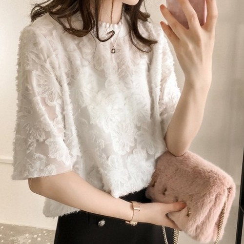 カットソー レディース シフォンレース フラワー 半袖 大きいサイズ 夏新作 キレイめ 体型カバー 韓国 ファッション カットソー レディース シフォンレース フラワー 半袖 大きいサイズ 夏新作