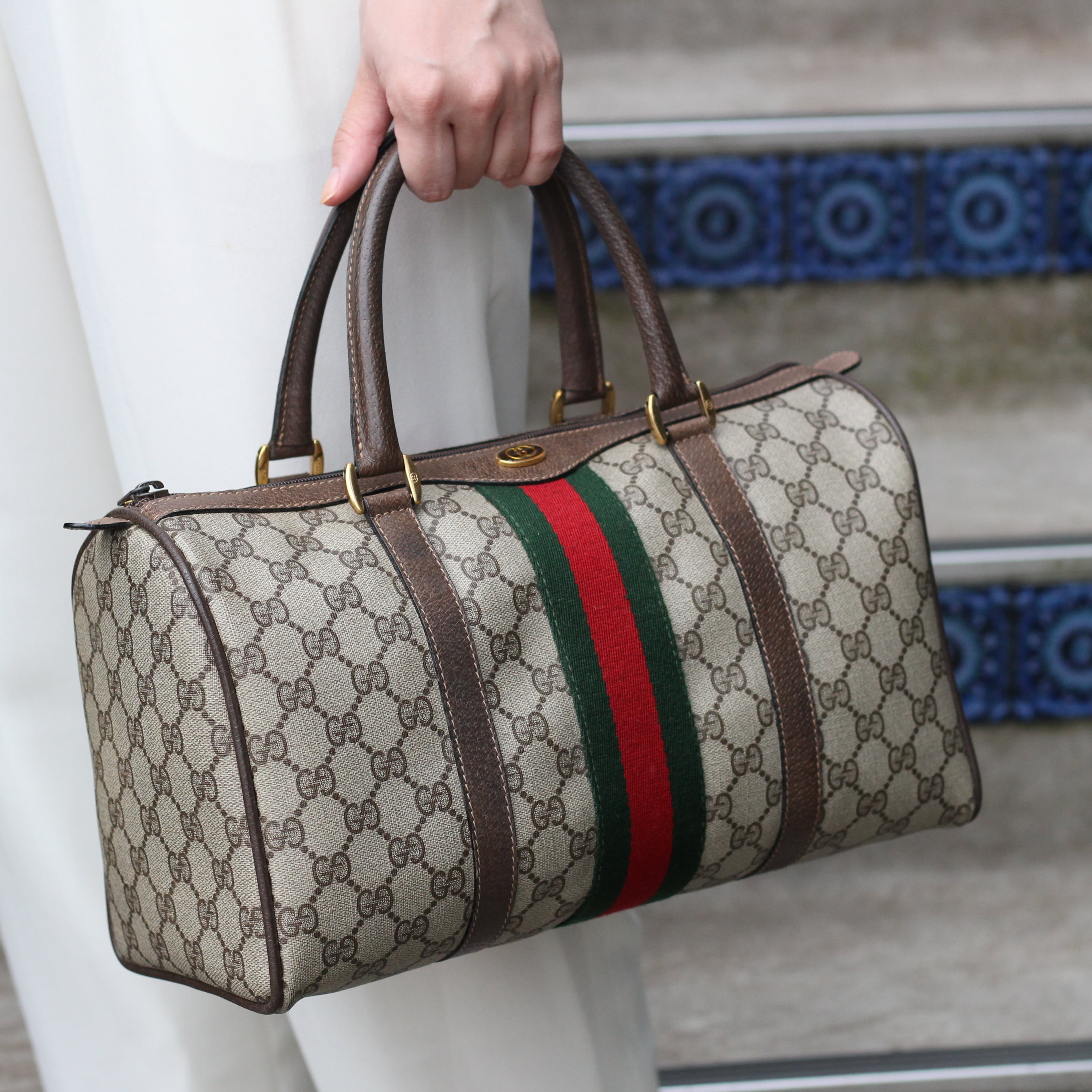 OLD GUCCI SHERRY LINE GG PATTERNED MINI BOSTON SHOULDER BAG MADE 