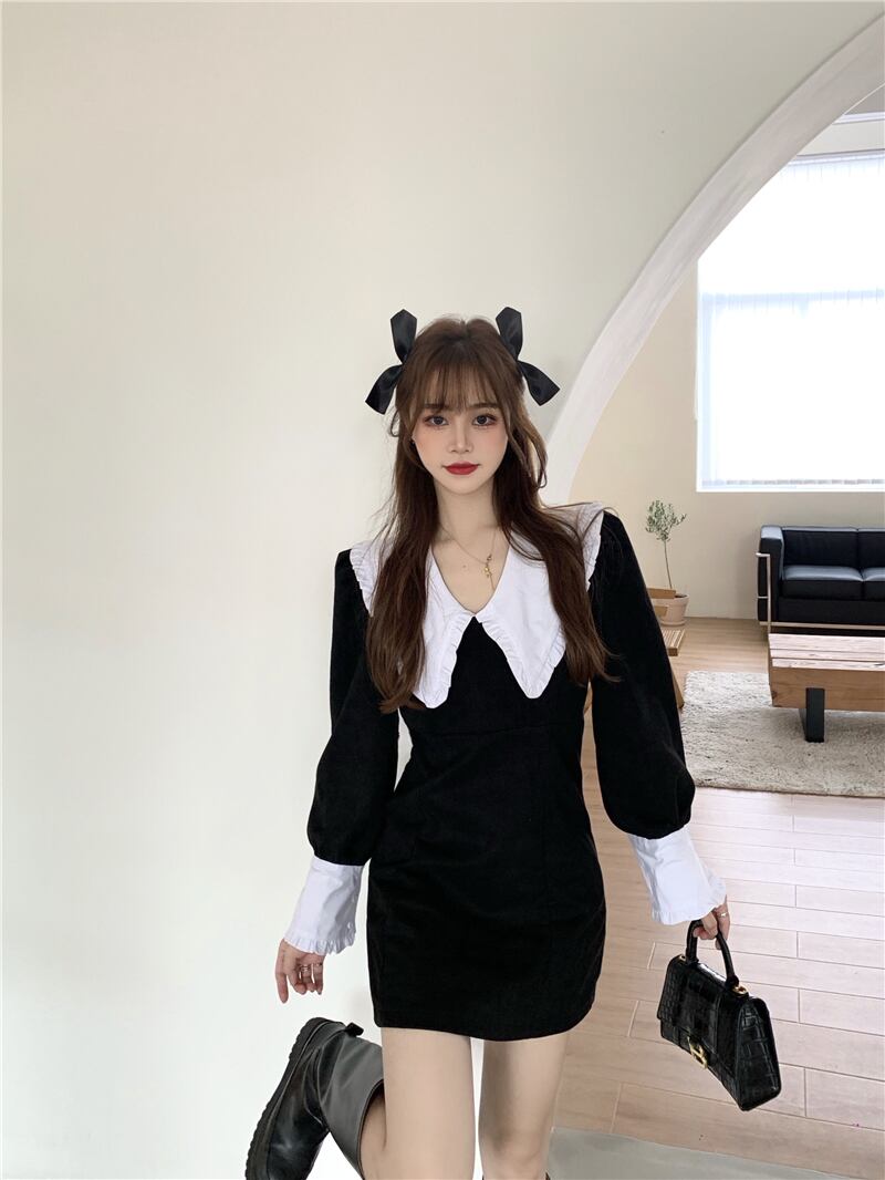 ドレス ブラックスリムロングショートスプリング 長袖 春物 スカート ブラックストロベリース32669428534