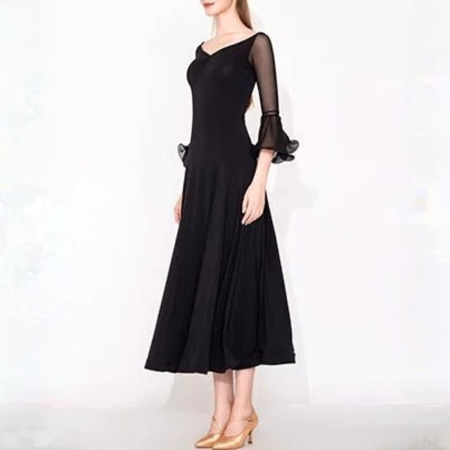 シアーメッシュスリーブ ベルフレア ロング ダンスドレス 2col D00626