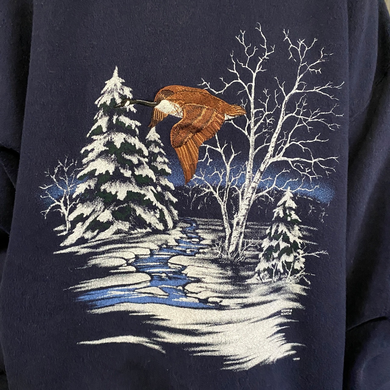 90年代 USA製 Artisans 鳥 アニマル刺繍 プリント スウェット メンズL 