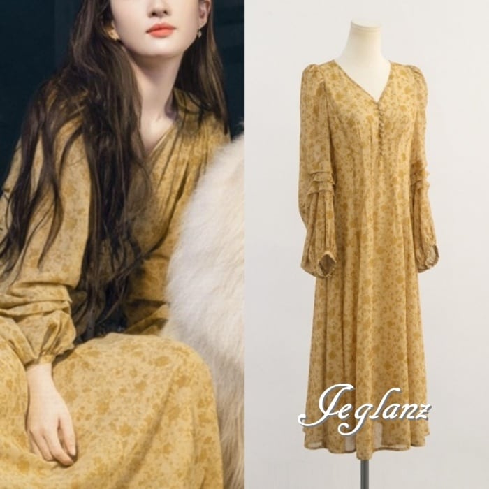 花柄 プリント ワンピース ドレス Vネック ボリューム袖 レトロ感 (M6230)γα