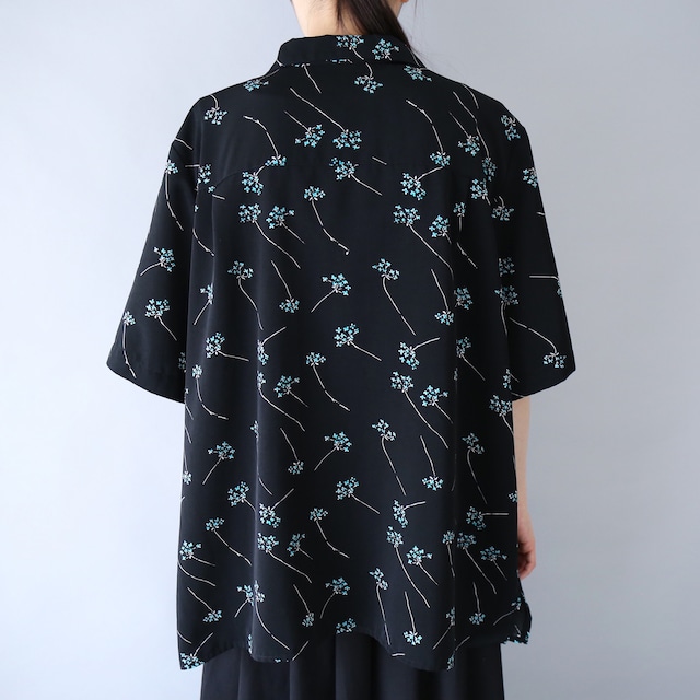 "花柄" black base turquoise blue flower pattern box silhouette open collar  h/s shirt