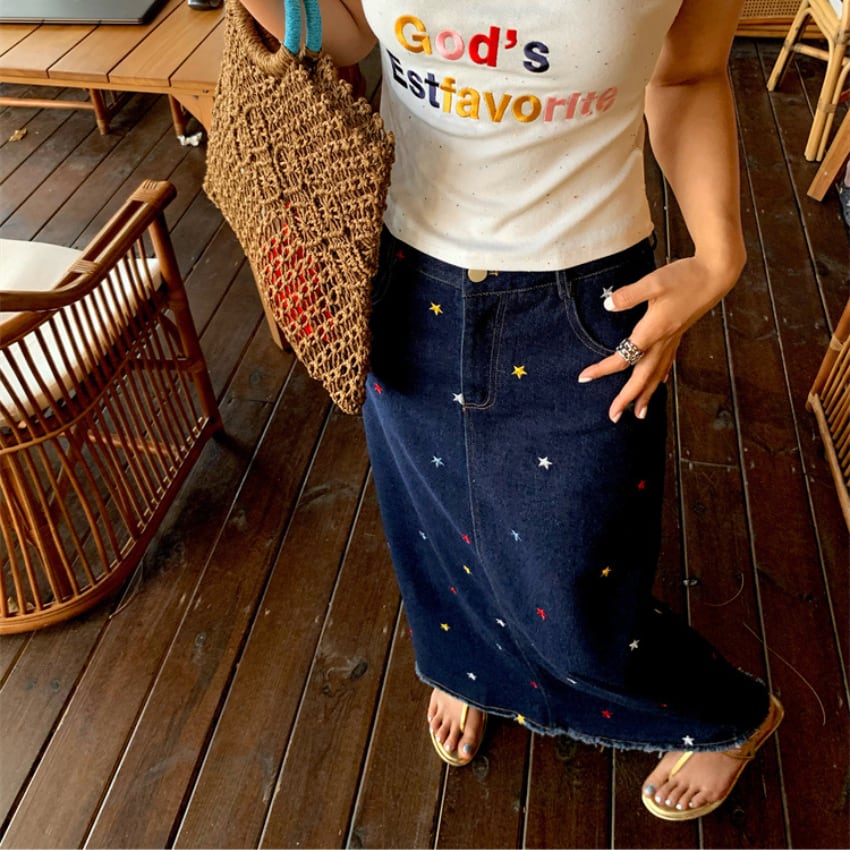 star embroidered denim long skirt J00174