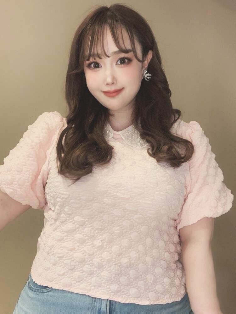 レースカラーバルーンスリーブブラウス 姫かわいい ガーリー カジュアル 襟付き 半袖 大きいサイズ 韓国 CH4538
